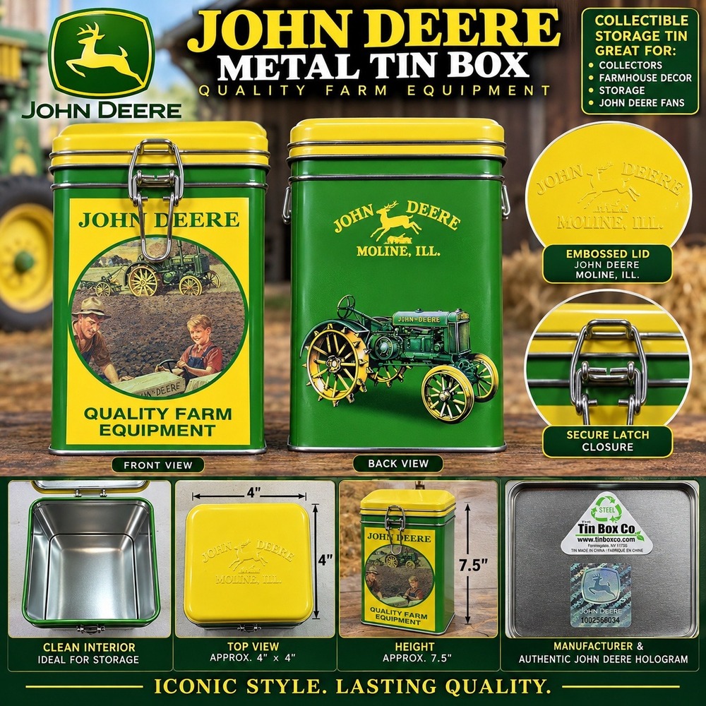 John Deere Metal Tin Box Collectible Storage Latch Lid Green Yellow 7.5 inch